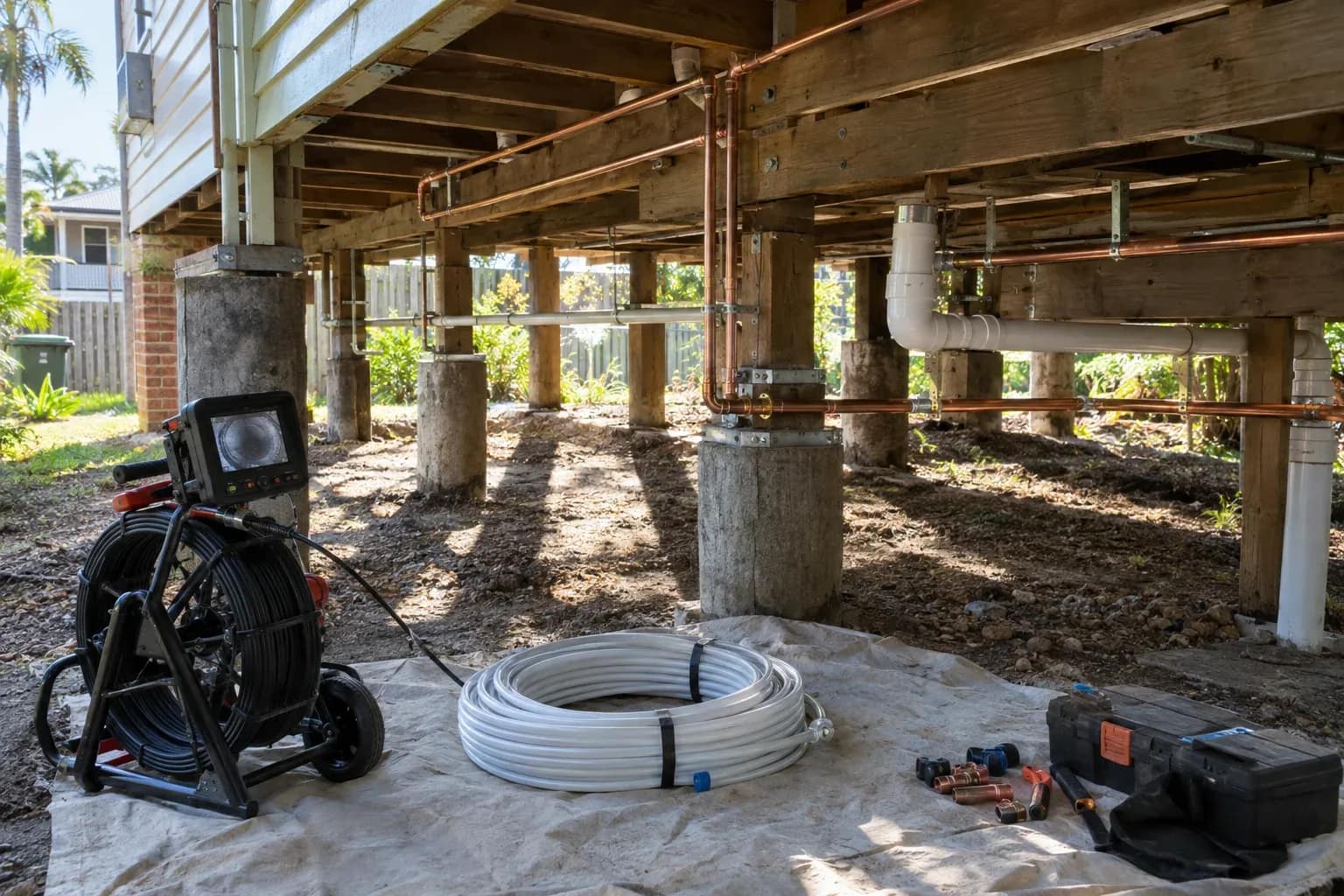 Under a raised timber Queenslander in Wynnum, morning light slants through the stumps onto a run of copper and
