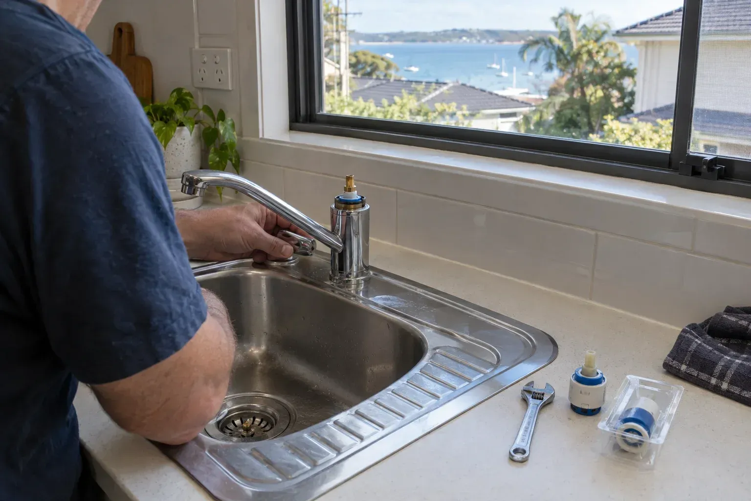 A kitchen sink in a bayside townhouse shows a stainless mixer tap partly dismantled, with a small spanner and 