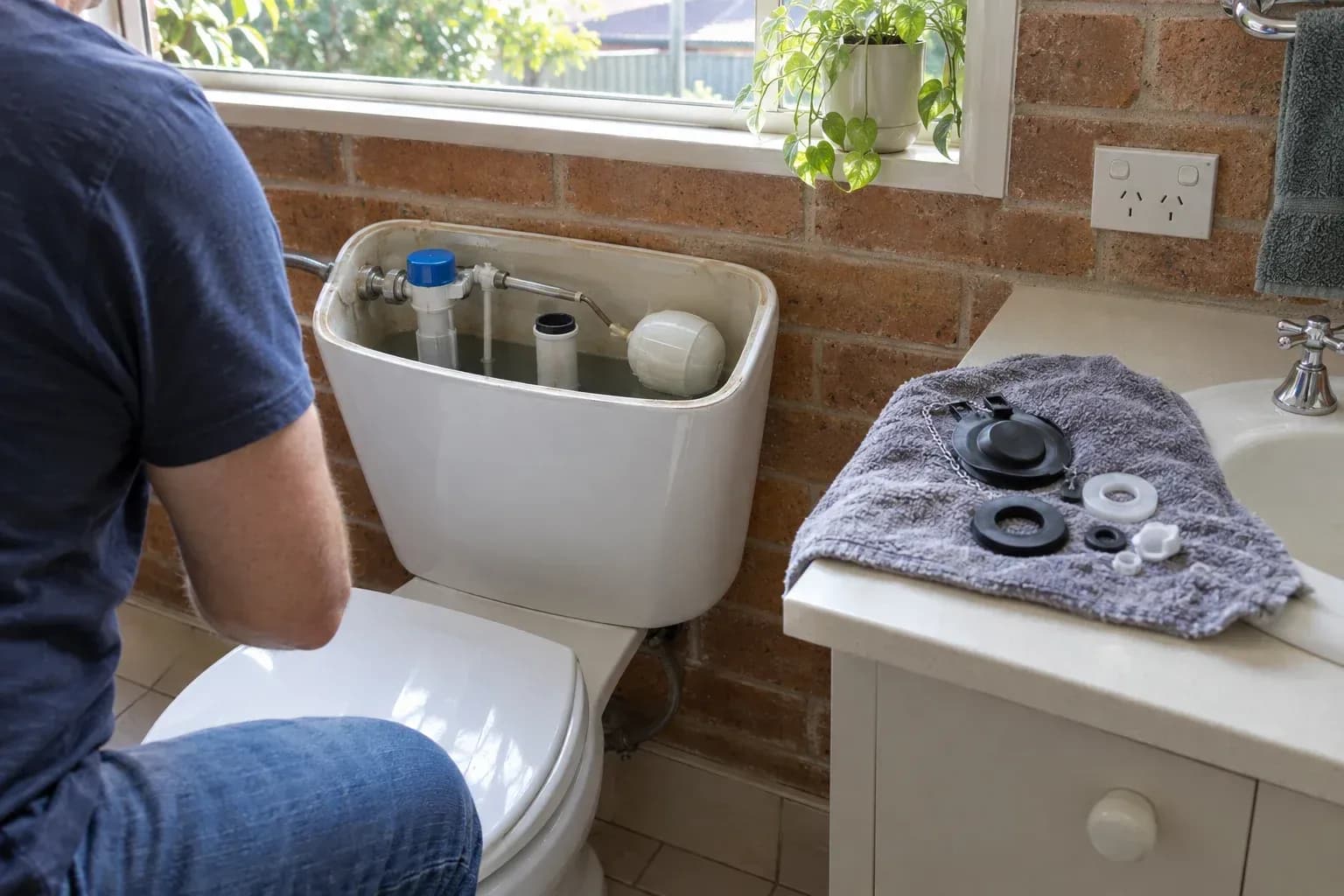 Inside a bathroom of a low-set brick home, a toilet cistern lid is removed to reveal the fill valve and float 