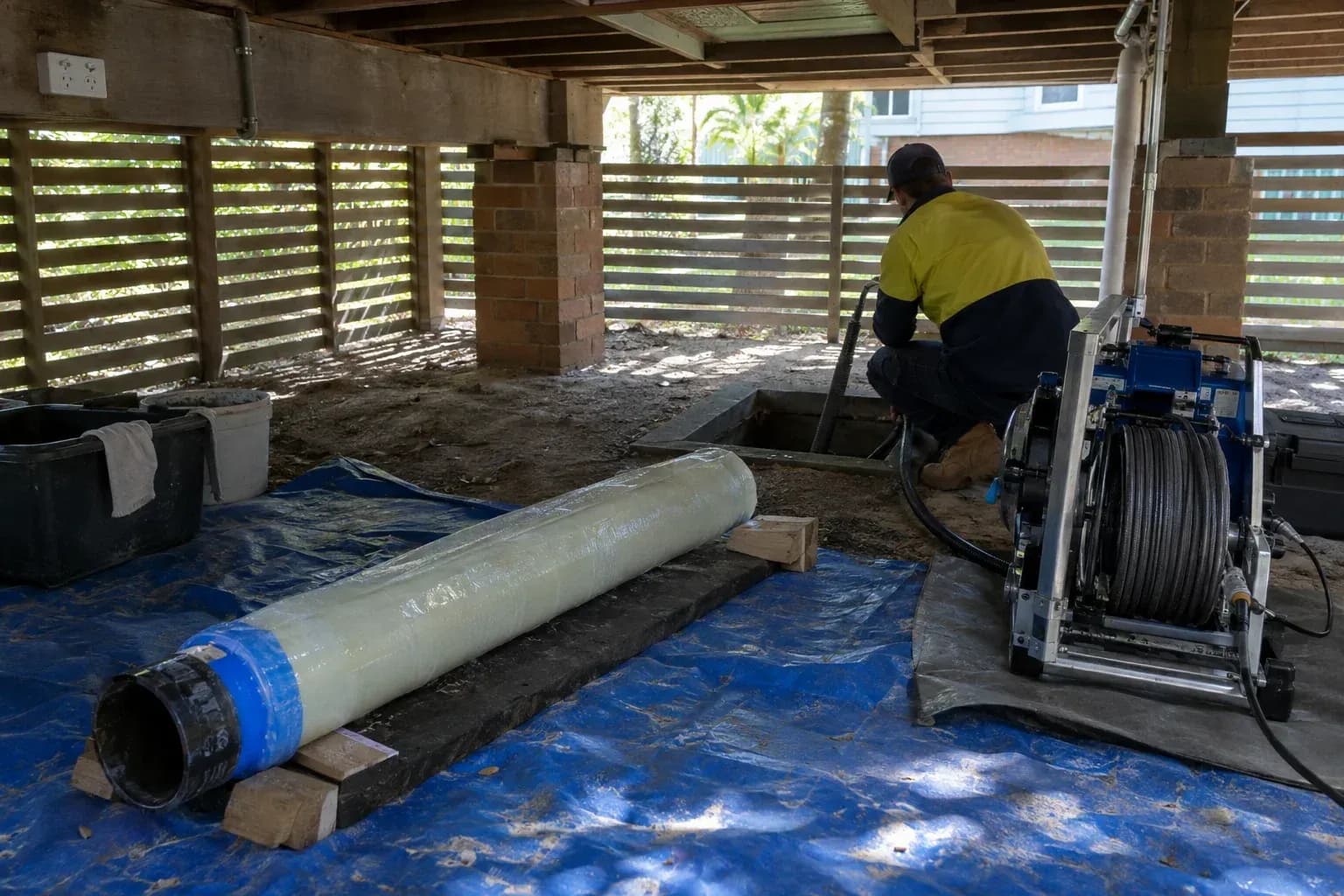 A length of relined pipe sample and inversion equipment sit on a drop sheet near an access pit under a timber