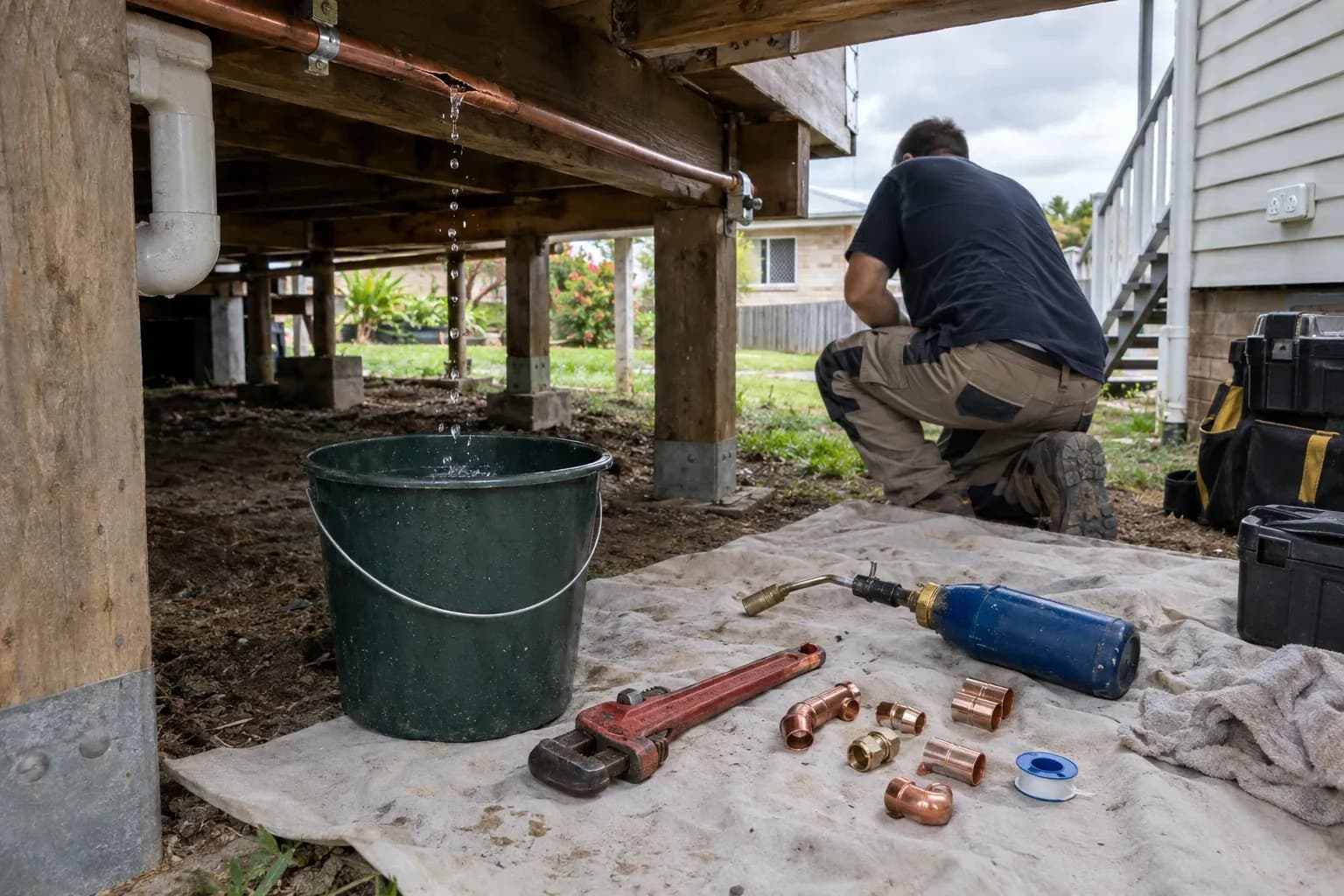Under a timber Queenslander on a overcast afternoon, a burst section of copper pipe drips into a bucket while