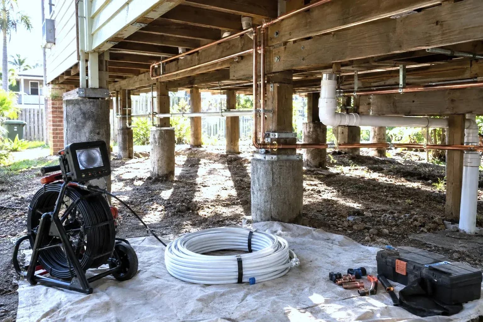 Under a raised timber Queenslander in Wynnum